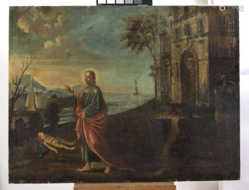 NEAPOLITAN PAINTER, 18TH CENTURY Fantasy view with blessing Jesus Oil on canvas, cm. 90 x 118,5