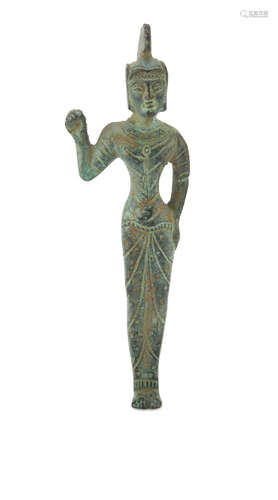 BRONZE FIGURE, 20TH CENTURY with green patina, representing Athena Promachos. Measures cm. 10 x 4.