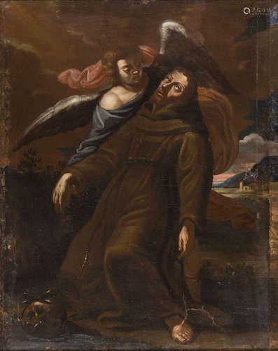 BOLOGNESE PAINTER, 17TH CENTURY St. Francis supported by the angel Oil on canvas, cm. 65 x 51 Gilded