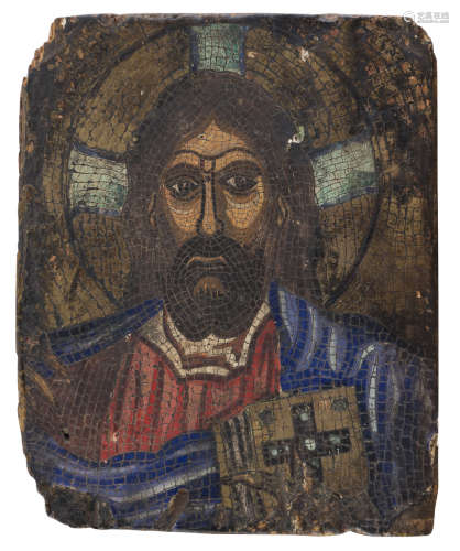 RUSSIAN SCHOOL, EARLY 20TH CENTURY Christ Pantocrator Mosaic oil on panel, cm. 21 x 17 Lack to the