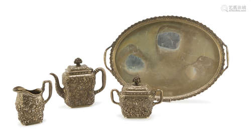 SPLENDID TEA SERVICE IN GILDED SILVER, TIFFANY & CO. NEW YORK 1878 elements embossed with motifs