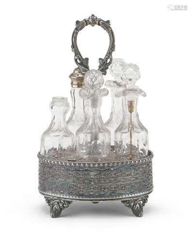 SILVER-PLATED CRUET, PUNCH SHEFFIELD 1835 CA. of oval shape with five bottles in cut crystal