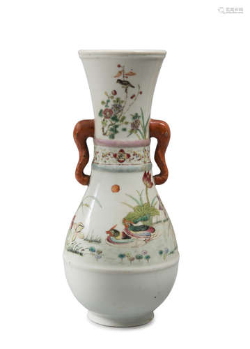 PORCELAIN VASE, CHINA LATE 19TH CENTURY shaped as trumpet, in white enamel and polychromy, decorated