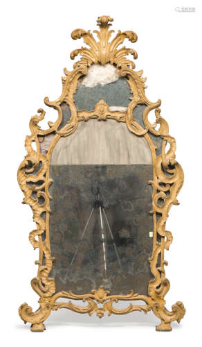 MIRROR IN YELLOW LACQUERED WOOD, PIEDMONT 18TH CENTURY double mirror with frame graven to