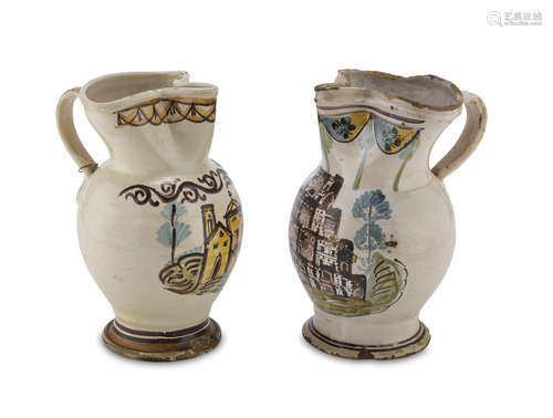 A PAIR OF CERAMIC PITCHERS, APULIA 19TH CENTURY in cream and polychrome enamel, decorated with