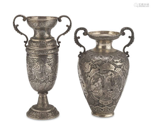 TWO SILVER VASES, PERSIA 19TH CENTURY bodies chiseled with devotional motifs, landscapes with