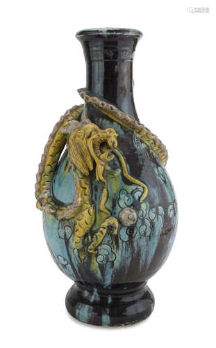 BIG GLAZED CERAMIC VASE, CHINA 20TH CENTURY decorated with a big dragon with sacred jewel relief and