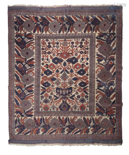 SPLENDID RARE CARPET, TIBET EARLY 20TH CENTURY with relief design in brown and polychromy of