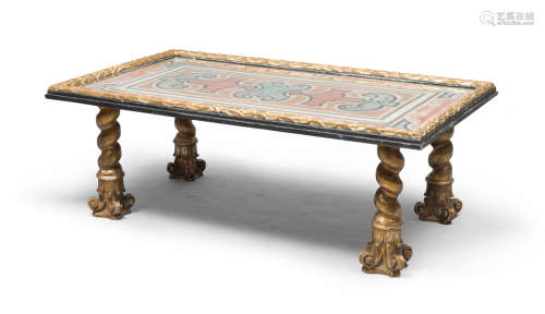 LAQUERED WOOD TABLE, ANTIQUE ELEMENTS ornaments in polychromy and faux marbles. Top frame as
