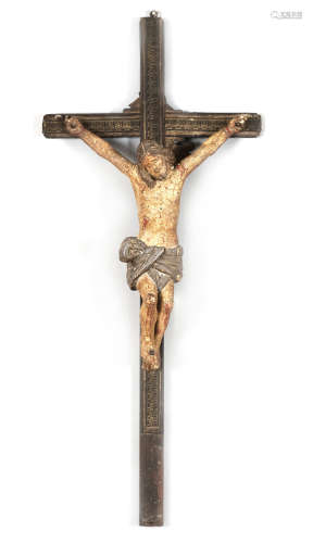 WOOD CRUCIFIX, PROBABLY SPAIN 18TH CENTURY with figure of Christ, in full polychrome lacquer.