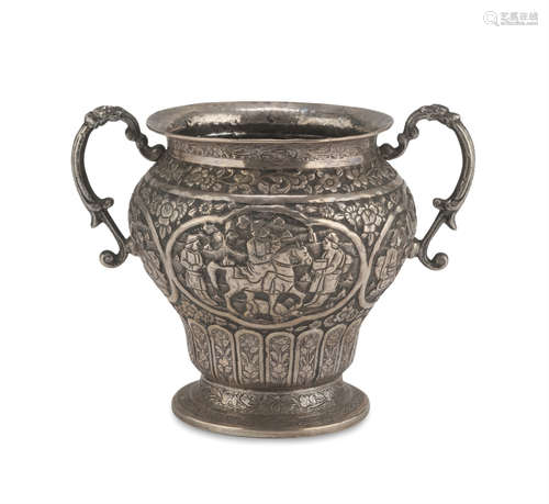 SMALL SILVER OINTMENT VASE, PERSIA 19TH CENTURY entirely embossed with reserves with devotional