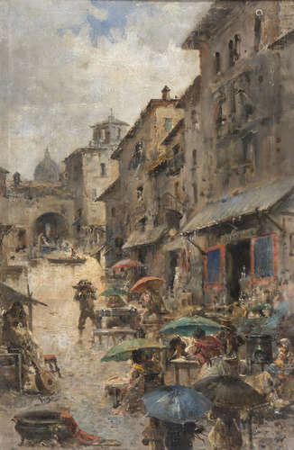 AUGUSTO ALBERICI (Rome 1846 -? 1908) Street Flood Oil on canvas, cm. 76 x 52 Traces of signature and