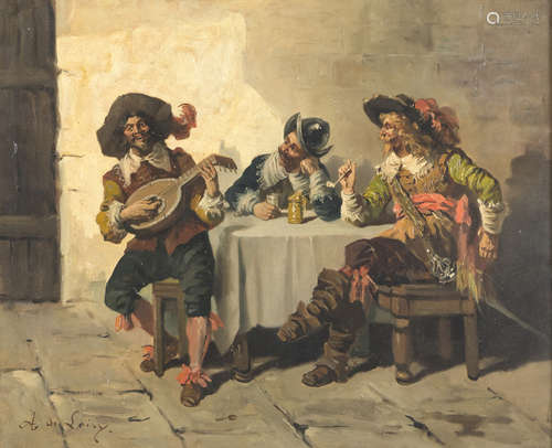 French painter, LATE 19TH CENTURY The musketeers at the table Oil on canvas, cm. 51 x 63 Signed '