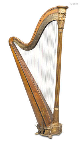 RARE HARP IN MAPLE TREE, ENGLAND 1820 CA. with fluted column upright and decorations to the