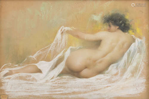 VINCENT MIGLIARO (Naples 1858 - 1938) Nude of reclining woman Pastel and white lead on paper, cm. 33