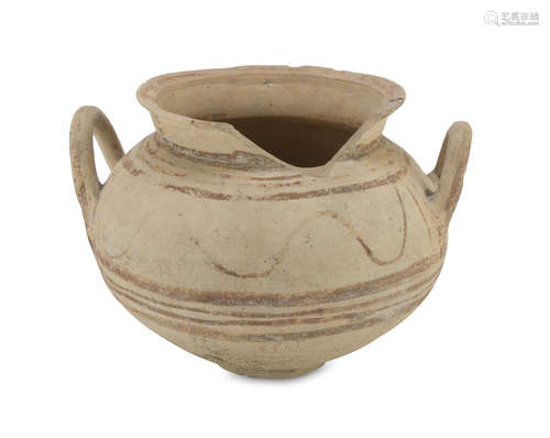 DAUNIAN OLLA, 7th-6th CENTURY B.C. in bright beige clay. Missing parts, fading varnish. Measures cm.