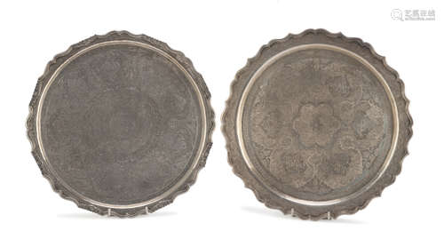 TWO SILVER TRAYS, PERSIA 19TH CENTURY engraved with Carthusian decorations, borders with scrolls and