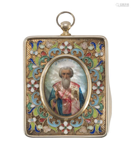 SMALL ICON IN NACRE AND SILVER, PUNCH MOSCOW 1908/1926 nacre painted with figure of Saint