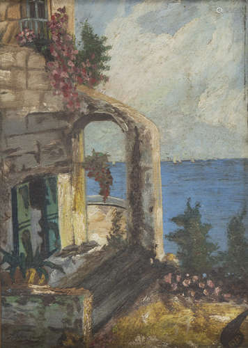 ANTONIO FERRIGNO (Maiori 1863 - Salerno 1940) Terrace at the coastline Oil on cardboard, cm. 34 x 24