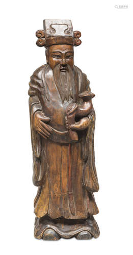 STATUE IN WOOD, CHINA LATE 19TH CENTURY representing Lao Fuxing in traditional pose. Measures cm.