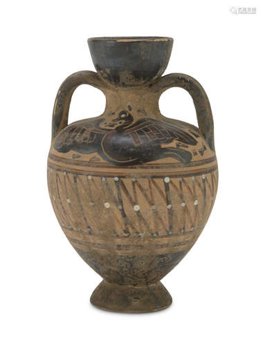 AMPHORA IN EARTHENWARE, 20TH CENTURY black-figured, shoulder with bird figures. Ribbon handles.