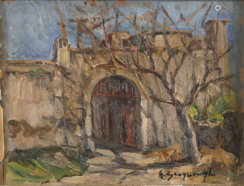 GIUSEPPE SCOGNAMIGLIO (Naples 1901 - 1985) Front door of a castle Oil on cardboard, cm. 22 x 29