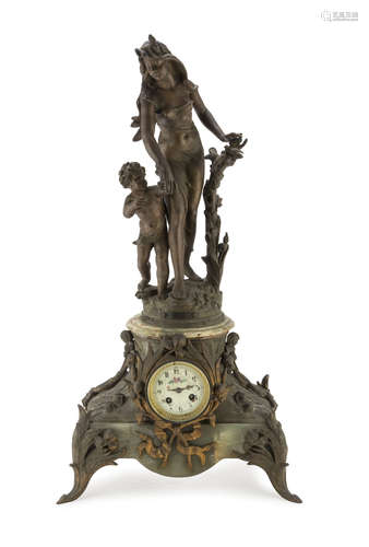 Clock In Antimony And Onyx, France LATE 19TH CENTURY with dial in enamel and superior allegory to