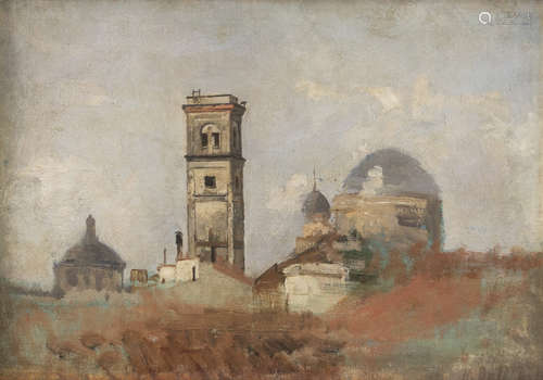 UBERTO DELL'ORTO (Milan 1848 - 1895) View of a village with bell tower Oil on canvas applied on