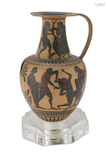 AMPHORA IN EARTHENWARE, 20TH CENTURY black-figured. Recomposed by fragments. Measures cm. 43 x 27