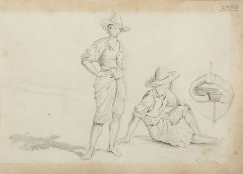 THEODORE DUCLERE (Naples 1816 - 1869) Men in Naples Fishermen Pair of pencils on yellow paper, cm.