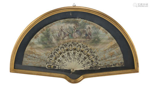 FAN IN PAINTED PAPER, FRANCE 19TH CENTURY decorated with landscape and playing children. Sticks in