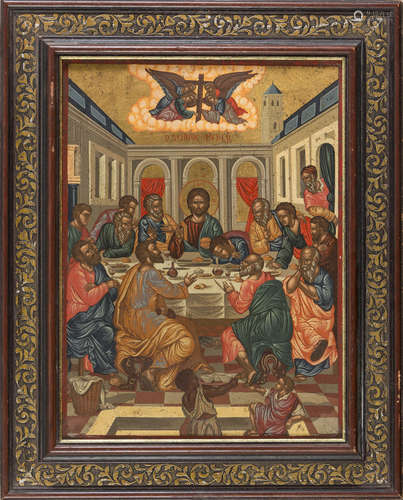 RUSSIAN PAINTER, EARLY 20TH CENTURY The Last Supper Tempera on gilt panel, cm. 40 x 29,5 Framed