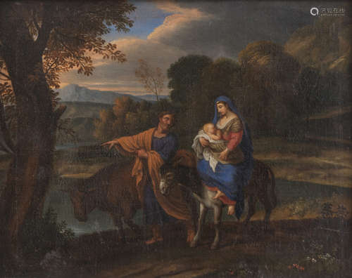 FILIPPO LAURI, workshop of (Rome 1623 - 1694) Landscape with the flight into Egypt Oil on canvas,