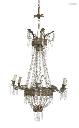 BELL CHANDELIER, EMPIRE PERIOD with crown in gilded and embossed metal with six arms, with rows of