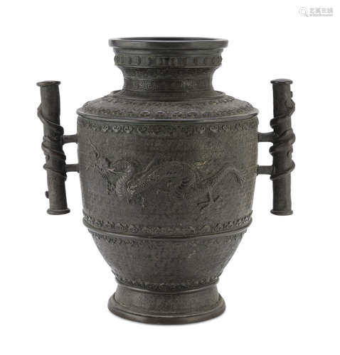 BIG BRONZE VASE, JAPAN LATE 19TH, EARLY 20TH CENTURY decorated with big dragon, archaizing