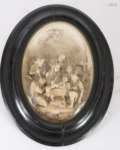 SMALL HIGH-RELIEF SCULPTURE IN FOAM, NAPLES 19TH CENTURY of oval shape, representing Nativity with