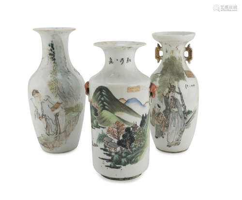 THREE PORCELAIN VASES IN POLYCHROME ENAMELS, CHINA 20TH CENTURY decorated with landscape, literary