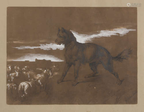 CONSALVO CARELLI (Naples 1818 - 1900) Landscape with dog and flock Brown pencil and white lead on