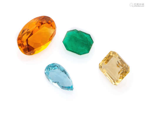 FOUR PRECIOUS STONES among which pear cut aquamarine, octagonal cut emerald and two oval and