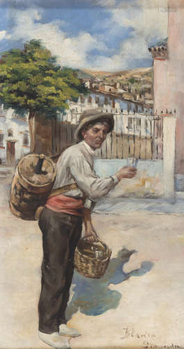 SPANISH PAINTER, 19TH CENTURY Wine's seller Oil on panel, cm. 36 x 19 Signed 'Blanco' and located