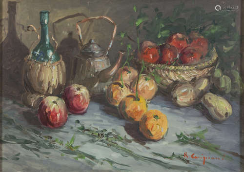 ROBERTO CARIGNANI (Naples 1894 - 1975) Still life of food and flask Oil on canvas, cm. 48 x 68