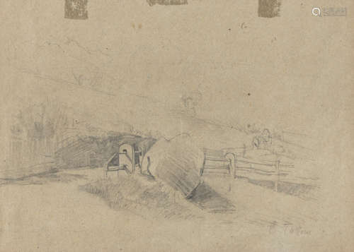 ITALIAN PAINTER, EARLY 20TH CENTURY Landscape with fence Pencil on grey paper, cm. 20 x 28 Signed '