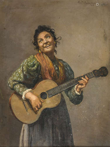 VINCENT BUSCIOLANO (Naples 1851-1926) Woman with guitar Oil on canvas, cm. 30 x 40 Signature and