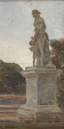 MARCO CALDERINI (Turin 1850 - 1941) Statue in the gardens of Florence Oil on panel, cm. 22 x 11