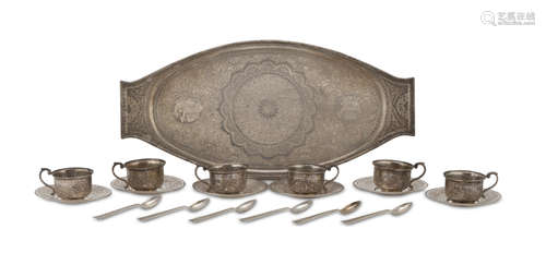 TEA SERVICE IN SILVER, MIDDLE EAST EARLY 20TH CENTURY elements chiseled to small Carthusian