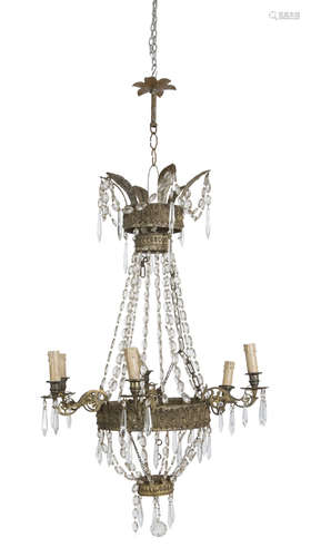 BELL CHANDELIER, EMPIRE PERIOD with crown in gilded and embossed metal with six arms, with rows of