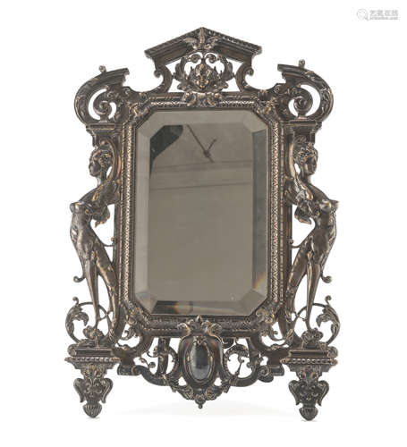 TABLE MIRROR IN SILVER-PLATED BRONZE, MAISON MARNYHAC PARIS, NAPOLEON III PERIOD frame chiseled to