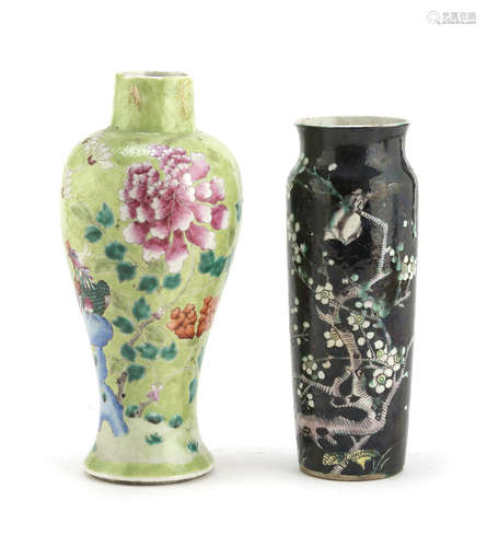 TWO PORCELAIN VASES IN POLYCHROME ENAMELS, CHINA 20TH CENTURY decorated with blooming plum tree,