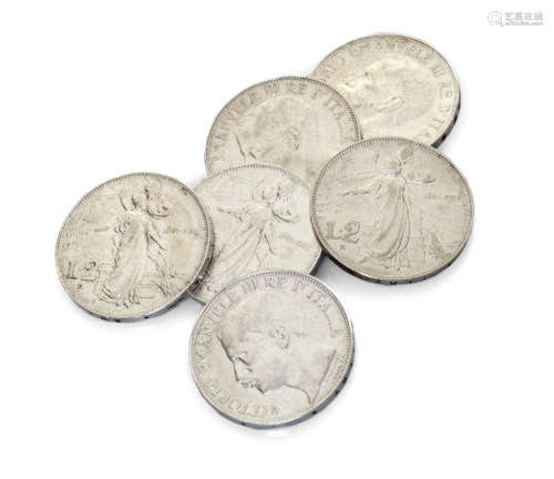 SIX COINS, KINGDOM OF ITALY Vittorio Emanuele III King of Italy d / Head to the left, at the