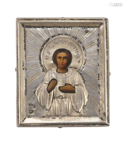 Russian painter, EARLY 20TH CENTURY Saint John Oil on panel icon, cm. 5 x 4 Riza in silver, punch
